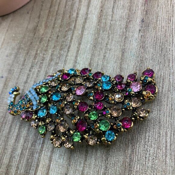 Peacock Jeweled Multi Colored Rhinestone Vintage Style Gold Tone Brooch - Picture 6 of 7